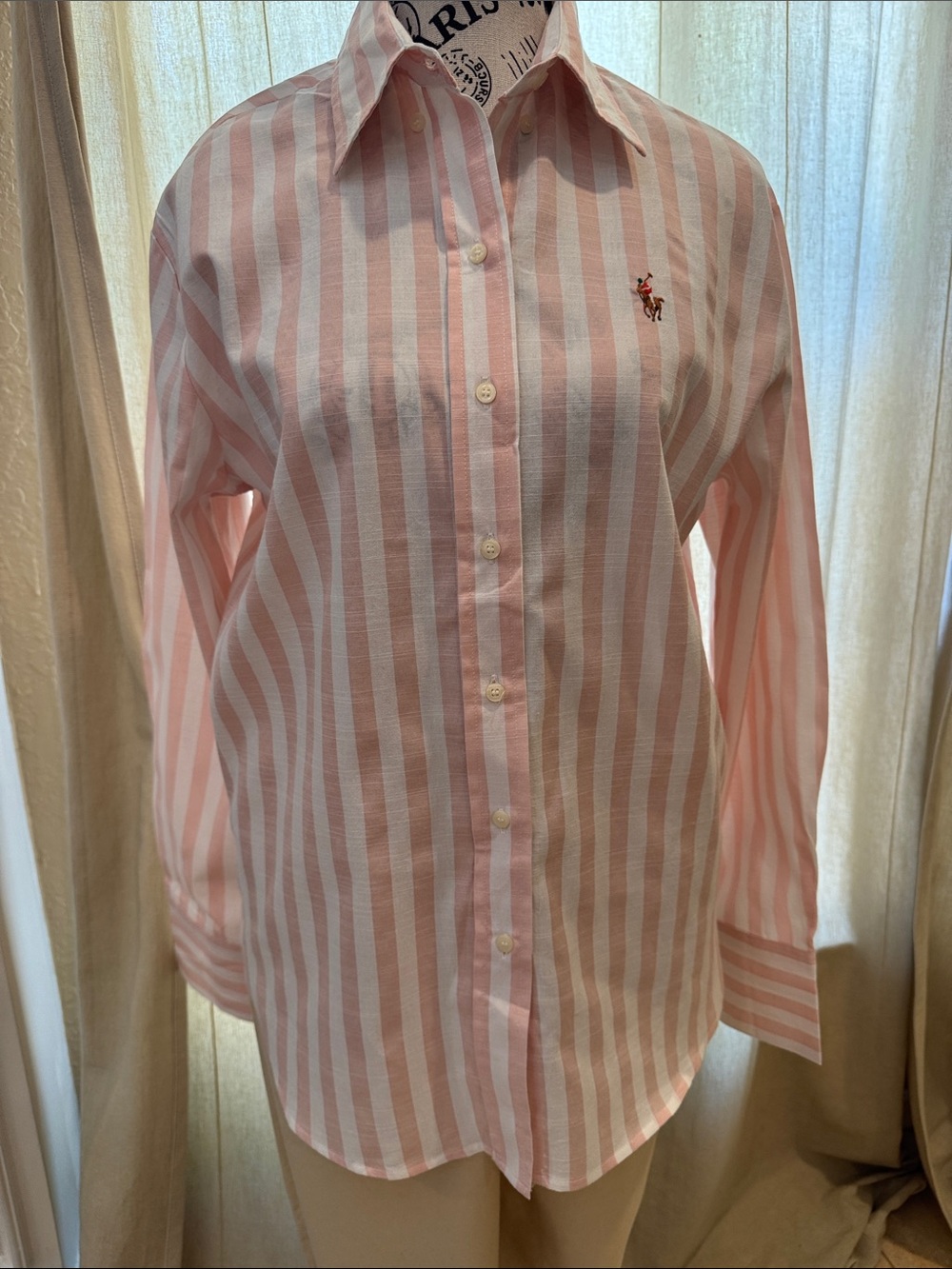 Pink & White Vertical Stripe Button-Down Shirt.This shirt is a factory defected.